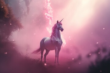 Majestic pink unicorn stands boldly in a dreamy pink landscape, embodying magic, wonder, and fantasy.

