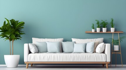 Fototapeta na wymiar Cozy sofa with white cushions in big wooden pot against teal wall with frame. Minimalist home interior design of modern living room. Generate AI
