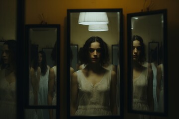 A lone woman's image multiplies into an array of chilling reflections, each more eerie than the last, creating a haunting tableau that captures unease and the surreal.

