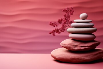 Obraz na płótnie Canvas A serene and minimalistic background featuring Zen stones on a bed of pink sand, exuding tranquility, simplicity, and an aura of meditative calm.