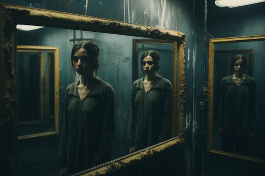 A lone woman's image multiplies into an array of chilling reflections, each more eerie than the last, creating a haunting tableau that captures unease and the surreal.

