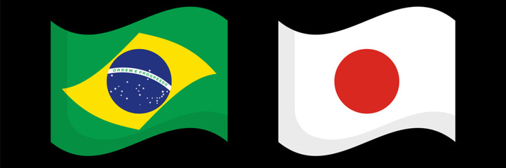 Flat design fluttering Brazilian and Japanese flags icon set. Vector.