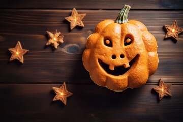 Top view of a cookie shaped as halloween pumpkin , Halloween cookies, Halloween background, Generative Ai 