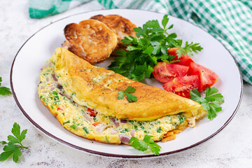 Omelette with tomatoes, cheese and red onion on white plate.  Frittata - italian omelet.