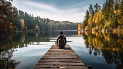 peaceful alone male man adult traveller sit casual relax on wooden deck at the end of deck with stunning reflecting lake with beautiful day nature travel concept - Powered by Adobe