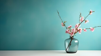 Glass vase with pink blossoms flowers twigs on glass table near empty, blank turquoise wall. Industrial interior background with copy space. Generate AI
