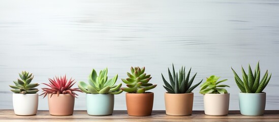 Various house plants on wooden table room for text