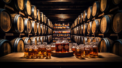 4k wallpaper of Wine, Whiskey, bourbon, and scotch barrels in an ageing facility shelf background. wine cellar for wallpaper. Widescreen 16:9 aspect ratio. high resolution. polished wood barrels.  - obrazy, fototapety, plakaty