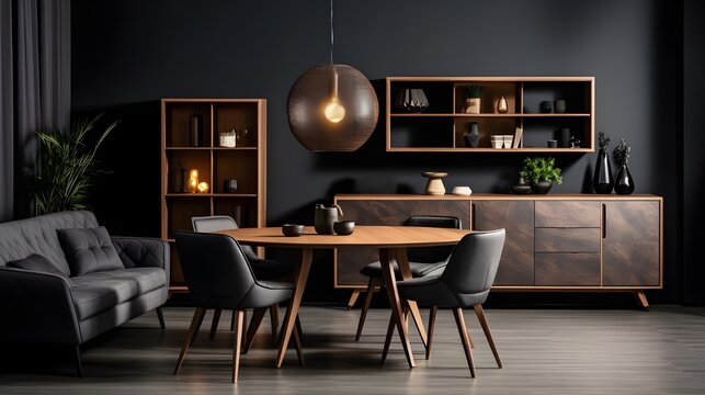 grey color chairs at round wooden dining table in room with sofa and cabinet near black wall. industrial, mid-century home interior design of modern living room. Generate AI 