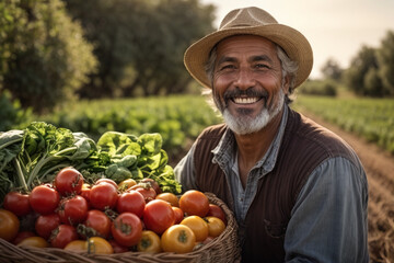middle aged latin farmer smiling and working in an agricultural field portrait, harvesting tomatoes - obrazy, fototapety, plakaty