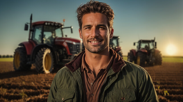 Portrait of a smiling senior man on his farm in the countryside, with tractors, owner, space for text
