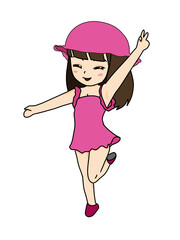 happy girl with pink dress pink hat doing peace sign 