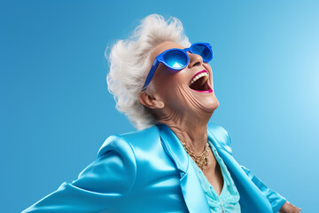 elderly woman happy dance on bokeh style background