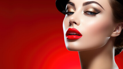 Woman with Striking Makeup, Featuring Red Lips, Posing Gracefully Against a Vibrant Red Background - obrazy, fototapety, plakaty