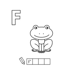 Cartoon frog coloring pages. Learning game for small children - write a word in English language. Vector alphabet for kids
