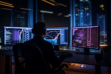 Programmer sitting in front of two large computer monitors with lines of code in a dimly lit office background at evening