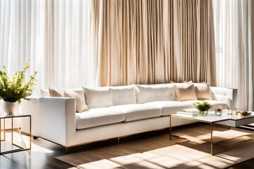 modern living room with sofa, A luxurious white couch sits in a sunlit room, adorned with plush pillows and a delicate vase.