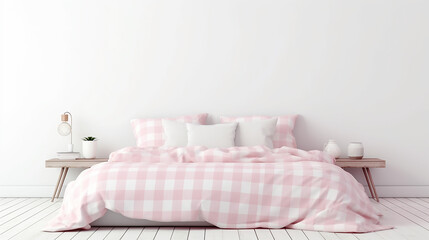 Light cute and cozy home bedroom interior with pink bedcover. Generative AI