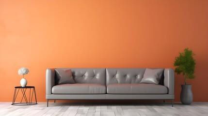 Grey tufted leather sofa against coral wall with copy space. Minimalist home interior design of modern living room. Generate AI