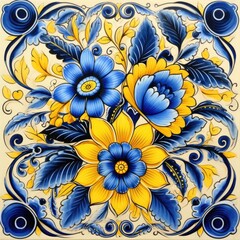 retro vintage ornate ornament tile glazed portuguese mosaic pattern floral blue square art - obrazy, fototapety, plakaty