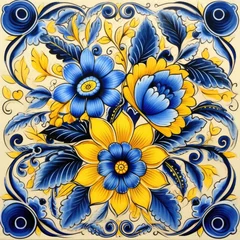 Foto auf Acrylglas retro vintage ornate ornament tile glazed portuguese mosaic pattern floral blue square art © Wiktoria