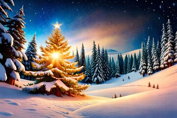 christmas tree with snow - obrazy, fototapety, plakaty