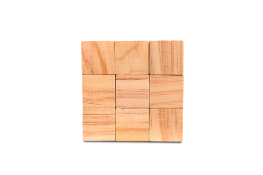 Geometric wooden shapes cube lined up for concept design. Educational games. Isolated on white background. PNG