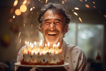 a man holding a birthday cake with several candles on bokeh style background