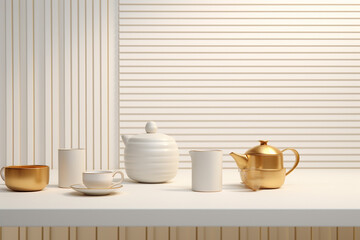 Fototapeta na wymiar small teapots and tea cups stand on an old wooden table in fashion style background