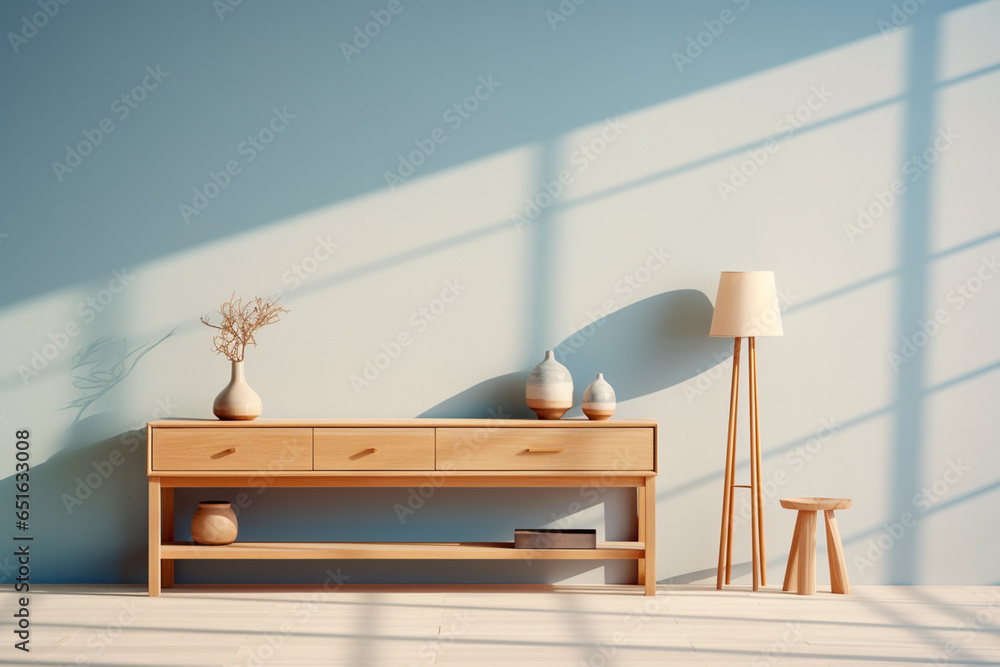 Poster a wooden console table near a window in empty room with wallmounted