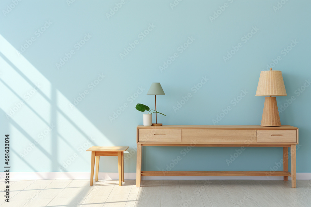Poster a wooden console table near a window in empty room with wallmounted