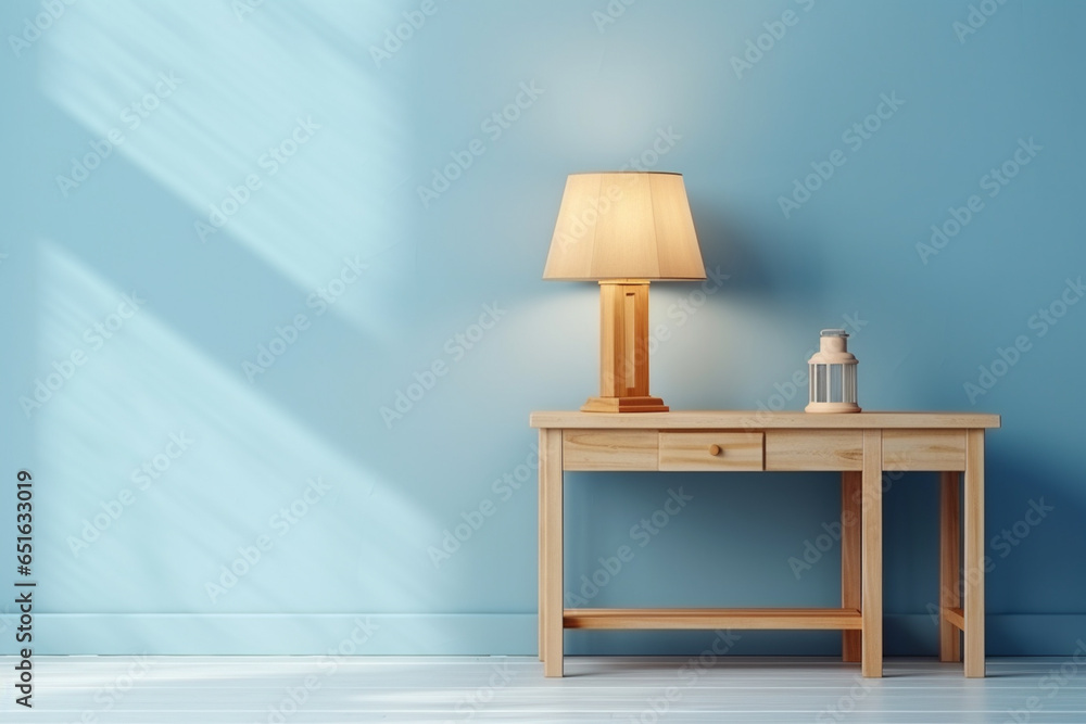 Poster a wooden console table near a window in empty room with wallmounted