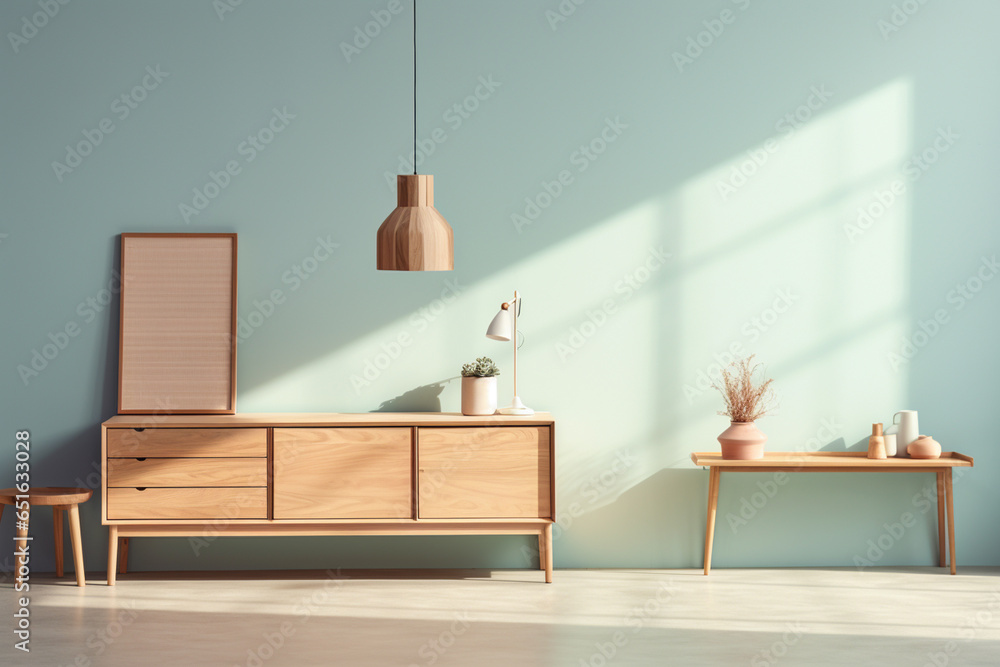 Poster a wooden console table near a window in empty room with wallmounted