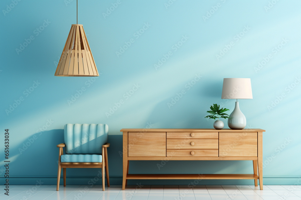 Poster a wooden console table near a window in empty room with wallmounted