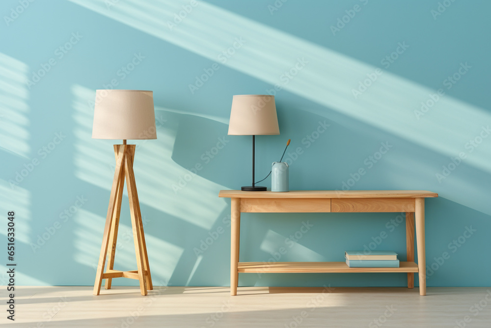 Poster a wooden console table near a window in empty room with wallmounted