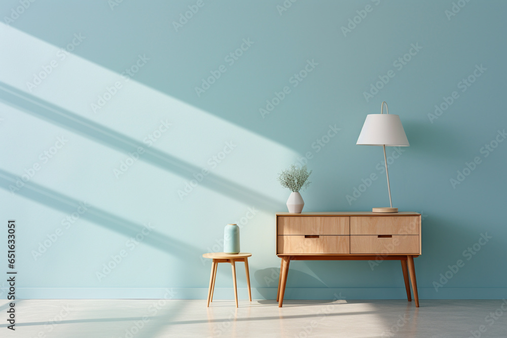 Poster a wooden console table near a window in empty room with wallmounted