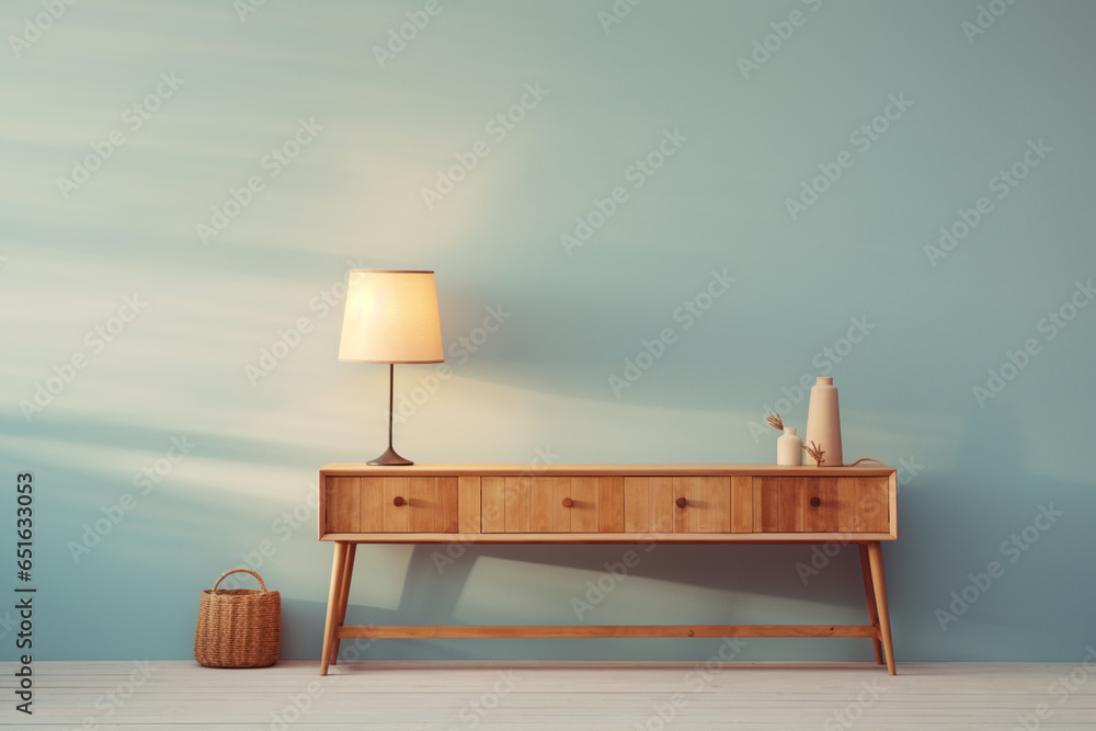 Poster a wooden console table near a window in empty room with wallmounted
