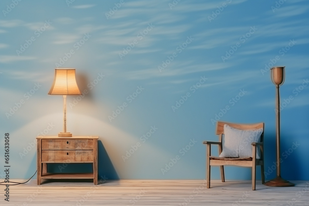 Poster a wooden console table near a window in empty room with wallmounted