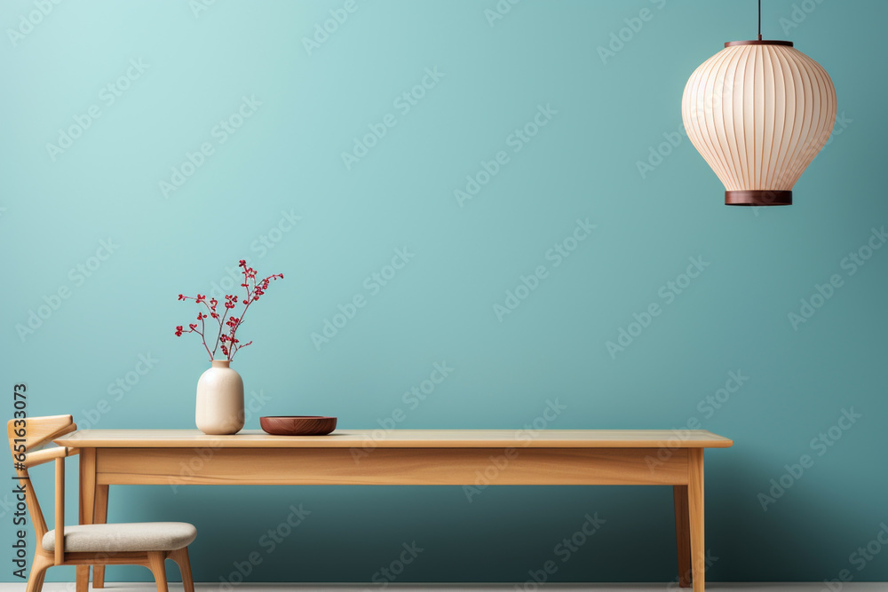 Poster a wooden console table near a window in empty room with wallmounted