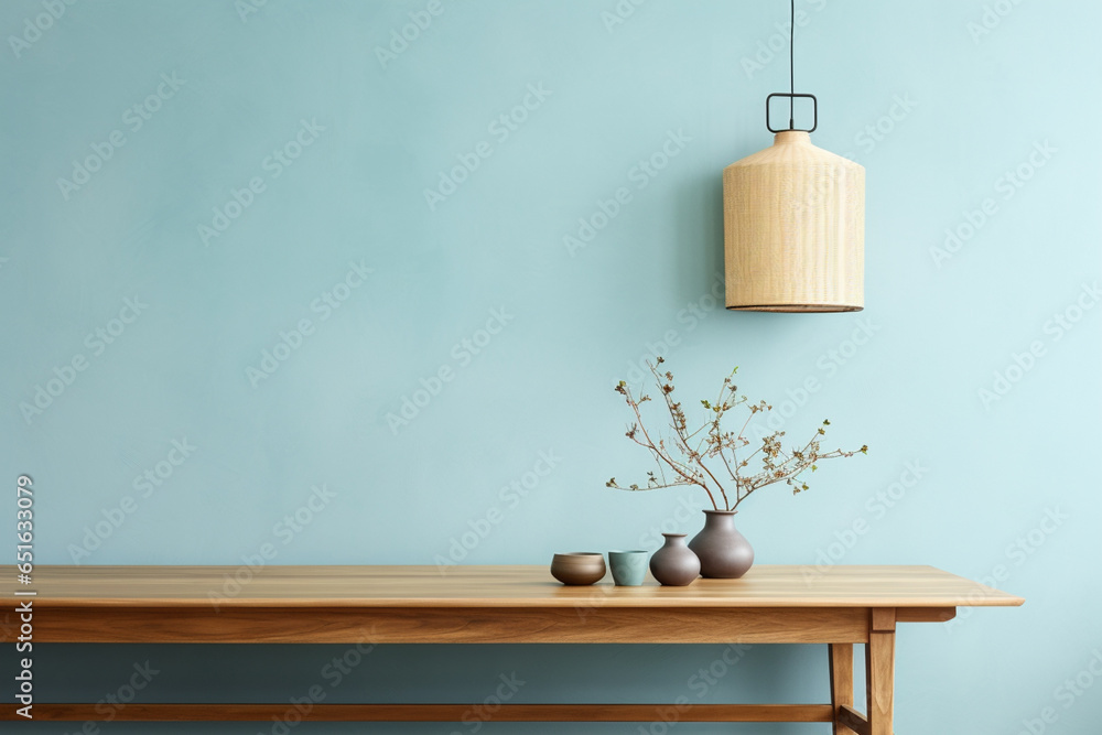 Poster a wooden console table near a window in empty room with wallmounted