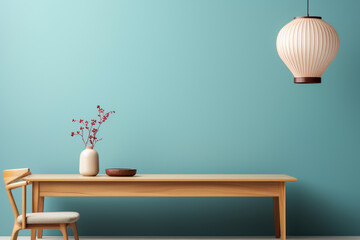 a wooden console table near a window in empty room with wallmounted