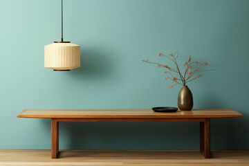 a wooden console table near a window in empty room with wallmounted