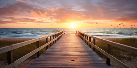 Obraz premium Serene sunset overlooking calm beach. Tranquil beginnings. Peaceful sunrise on ocean shore. Wooden path to paradise. Relaxing beachside boardwalk at dawn