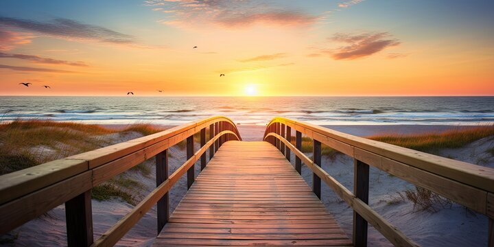 Serene sunset overlooking calm beach. Tranquil beginnings. Peaceful sunrise on ocean shore. Wooden path to paradise. Relaxing beachside boardwalk at dawn - Powered by Adobe