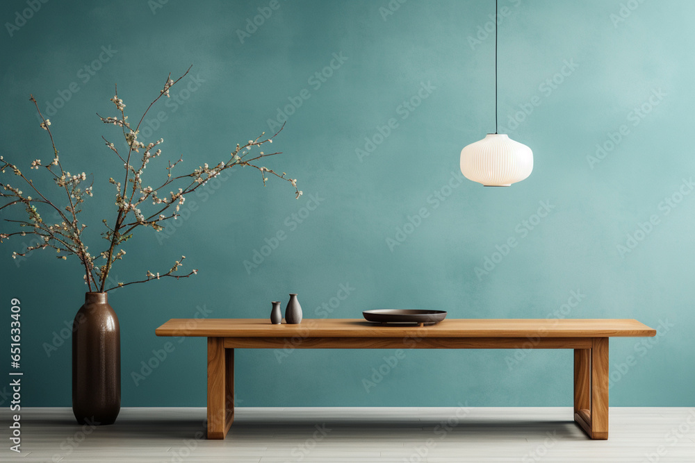 Poster a wooden console table near a window in empty room with wallmounted