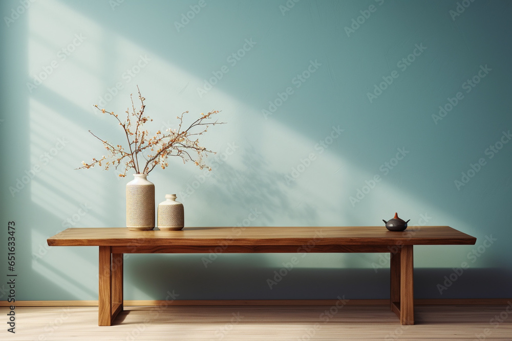 Poster a wooden console table near a window in empty room with wallmounted