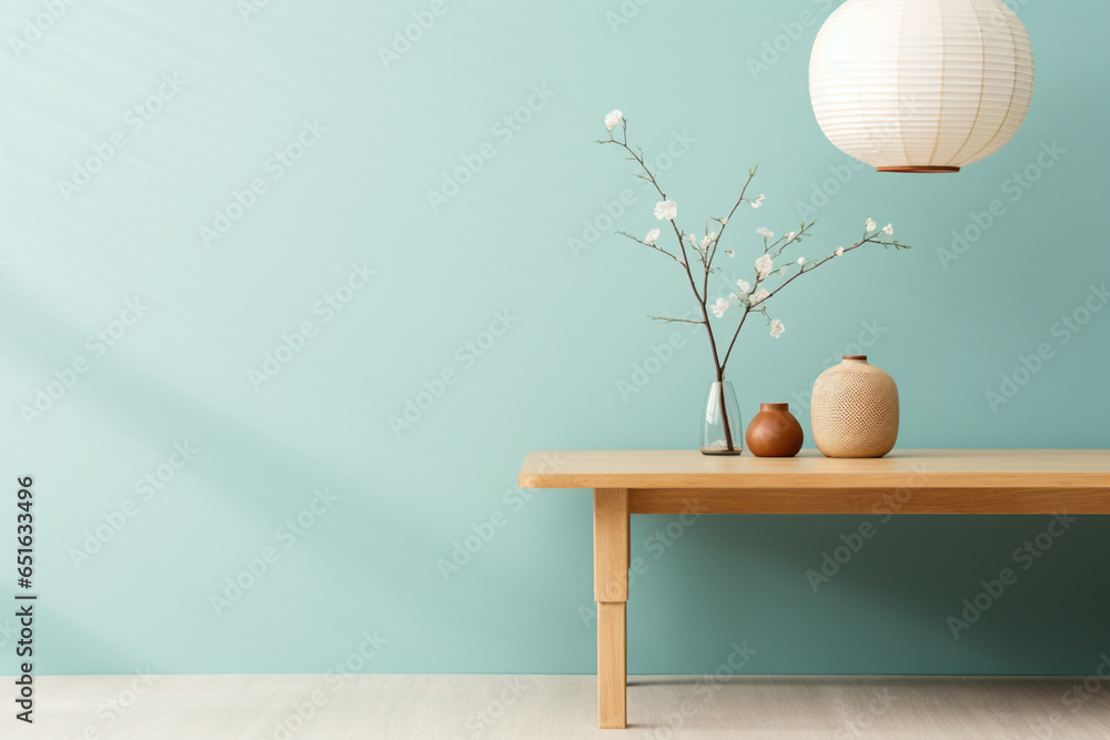 Poster a wooden console table near a window in empty room with wallmounted