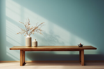 a wooden console table near a window in empty room with wallmounted