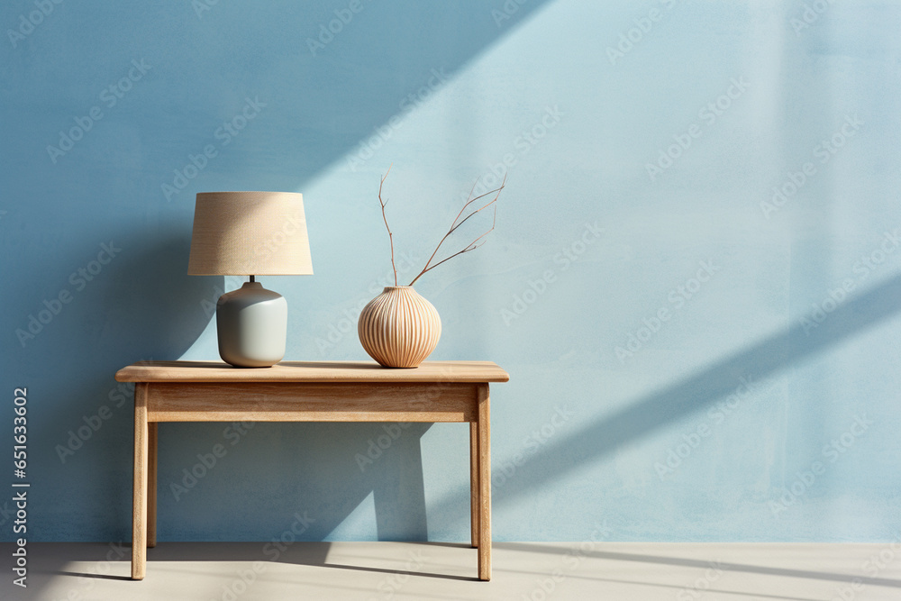Poster a wooden console table near a window in empty room with wallmounted