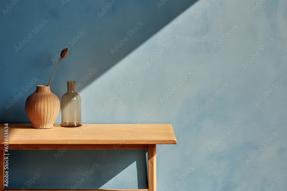 Poster a wooden console table near a window in empty room with wallmounted